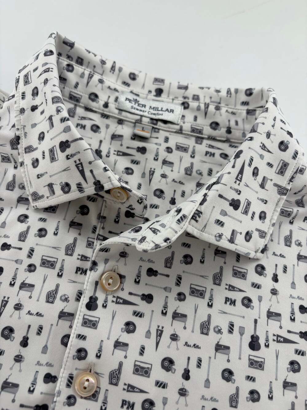 Peter Millar Summer Comfort Mens L Polo White Gray Tailgate BBQ Print Golf